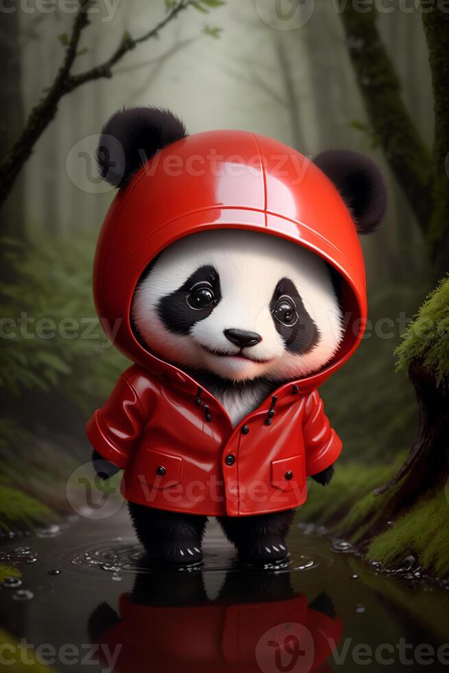 ein Miniatur Spielzeug Panda Bär im ein rot Regenjacke und Stiefel steht im ein Wald mit ein Pfütze von Wasser, im das Regen, Fotorealismus. generativ ai, generativ, ai foto