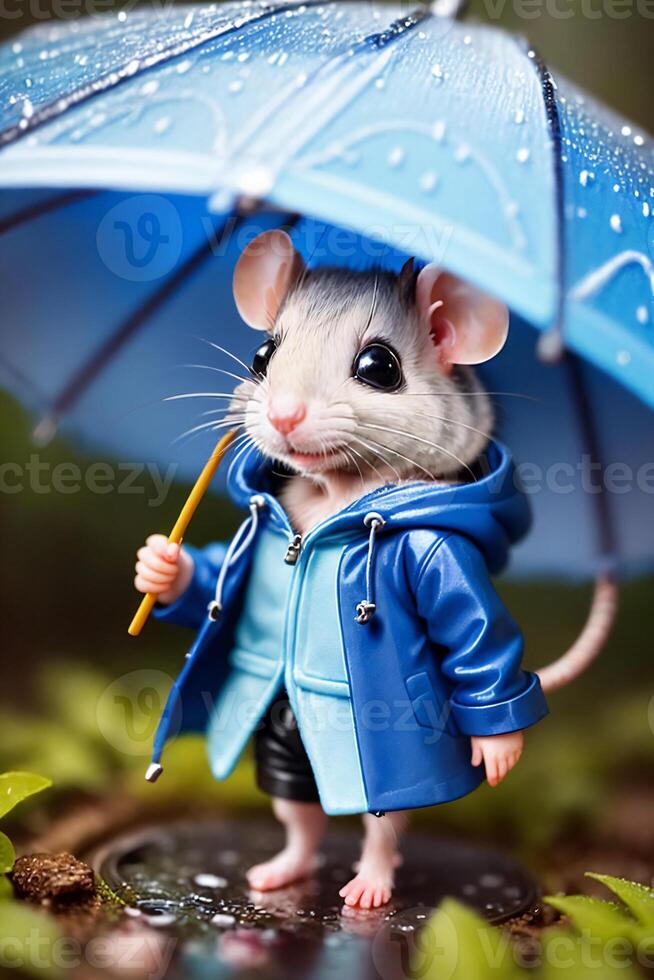 ein Miniatur Spielzeug Maus im ein Blau Regenjacke steht im ein Wald mit ein Pfütze von Wasser, im das Regen, Fotorealismus. generativ ai, generativ, ai foto