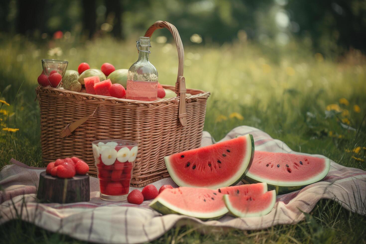 ein Picknick Korb mit Wassermelone Scheiben, generativ ai foto