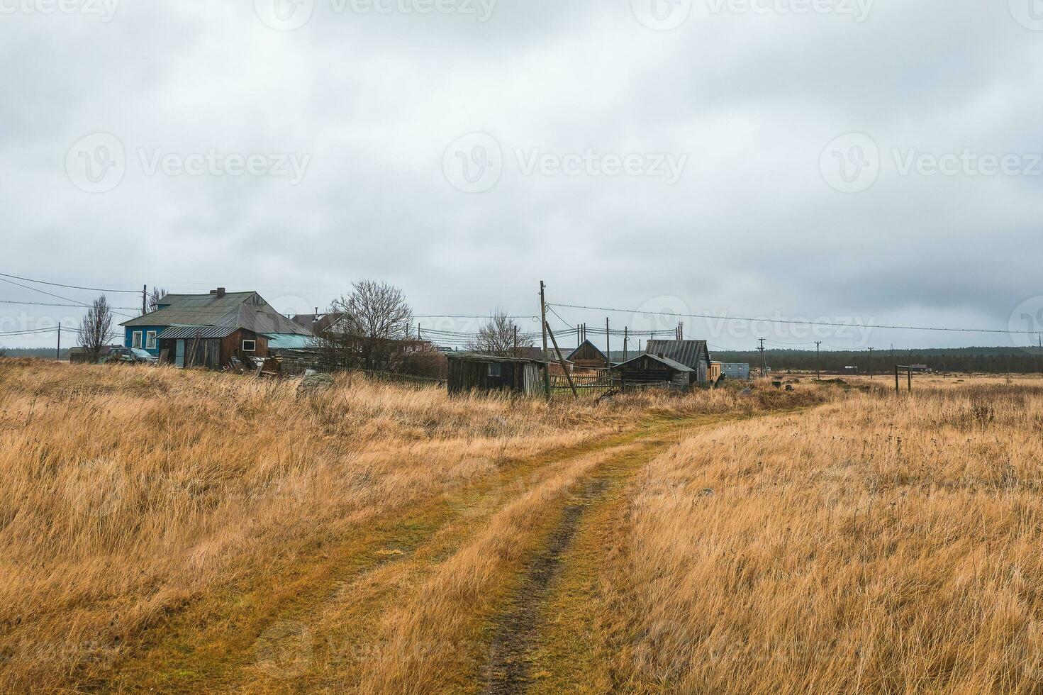 klein authentisch Dorf auf das Weiß Meer Küste. authentisch Russisch Nord Dorf, alt hölzern Häuser. kaschkarantsy Angeln kollektiv Bauernhof. Kola Halbinsel. foto