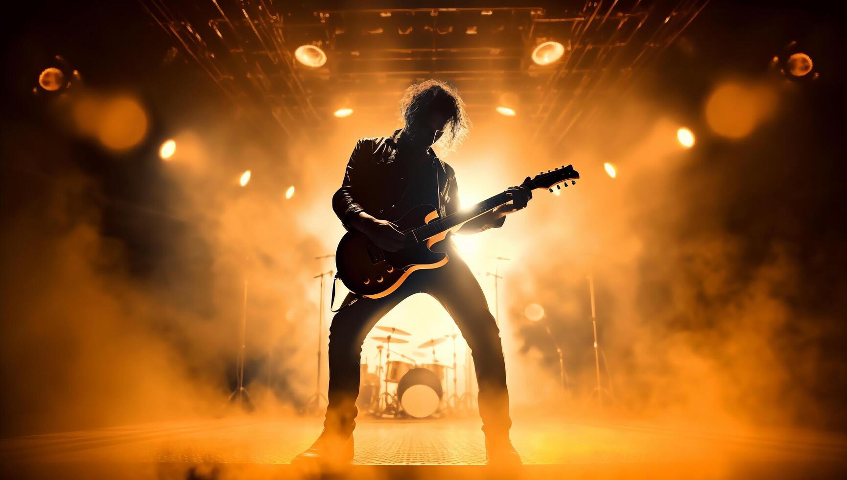 Silhouette von ein Felsen Musiker spielen das elektrisch Gitarre auf Bühne mit ai generiert. foto