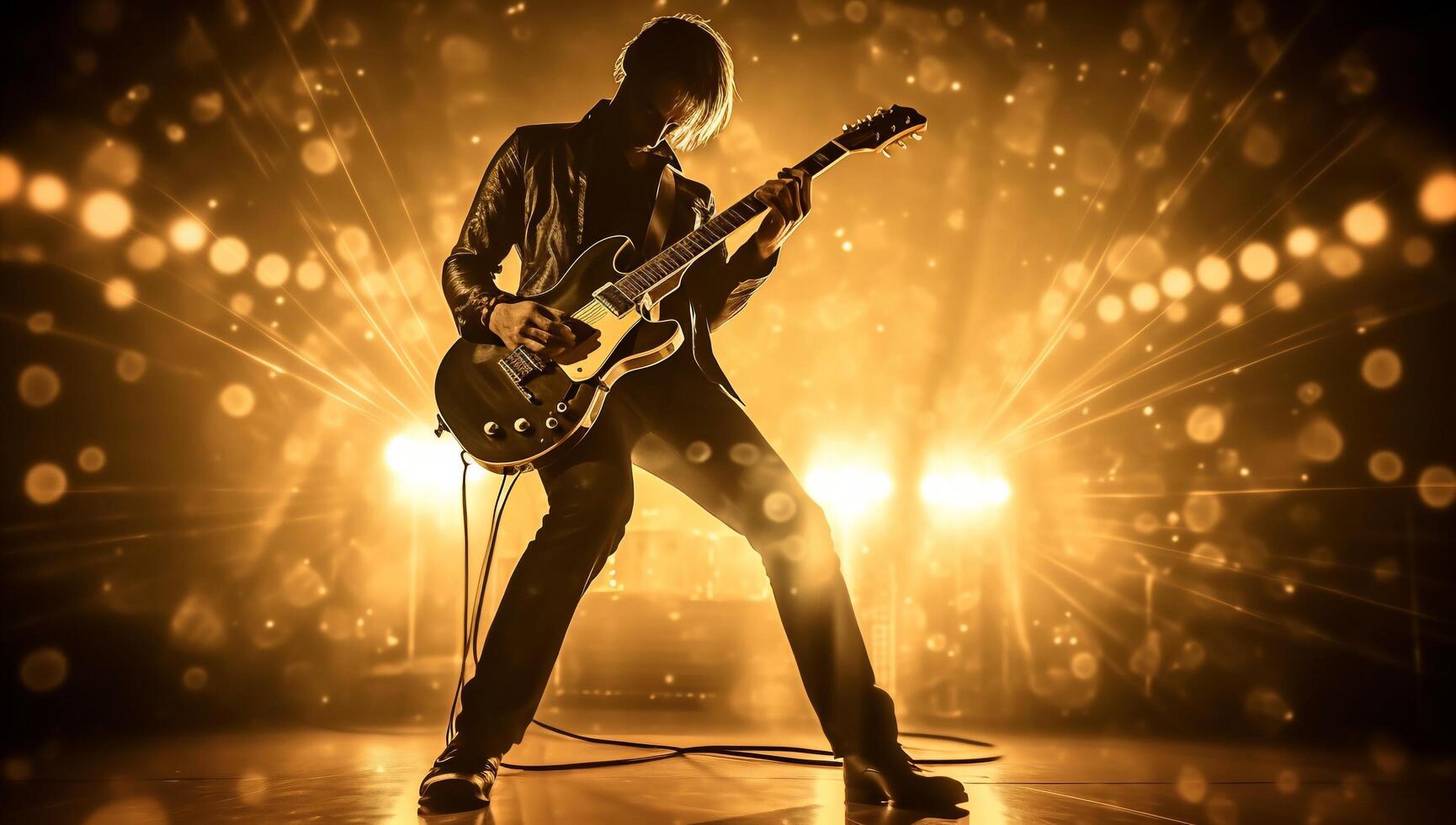 Silhouette von ein Felsen Musiker spielen das elektrisch Gitarre auf Bühne mit ai generiert. foto