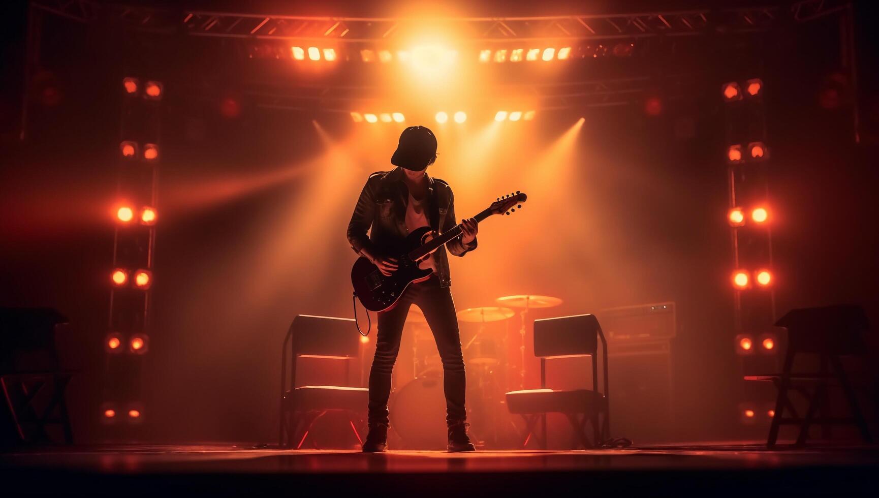 Silhouette von ein Felsen Musiker spielen das elektrisch Gitarre auf Bühne mit ai generiert. foto