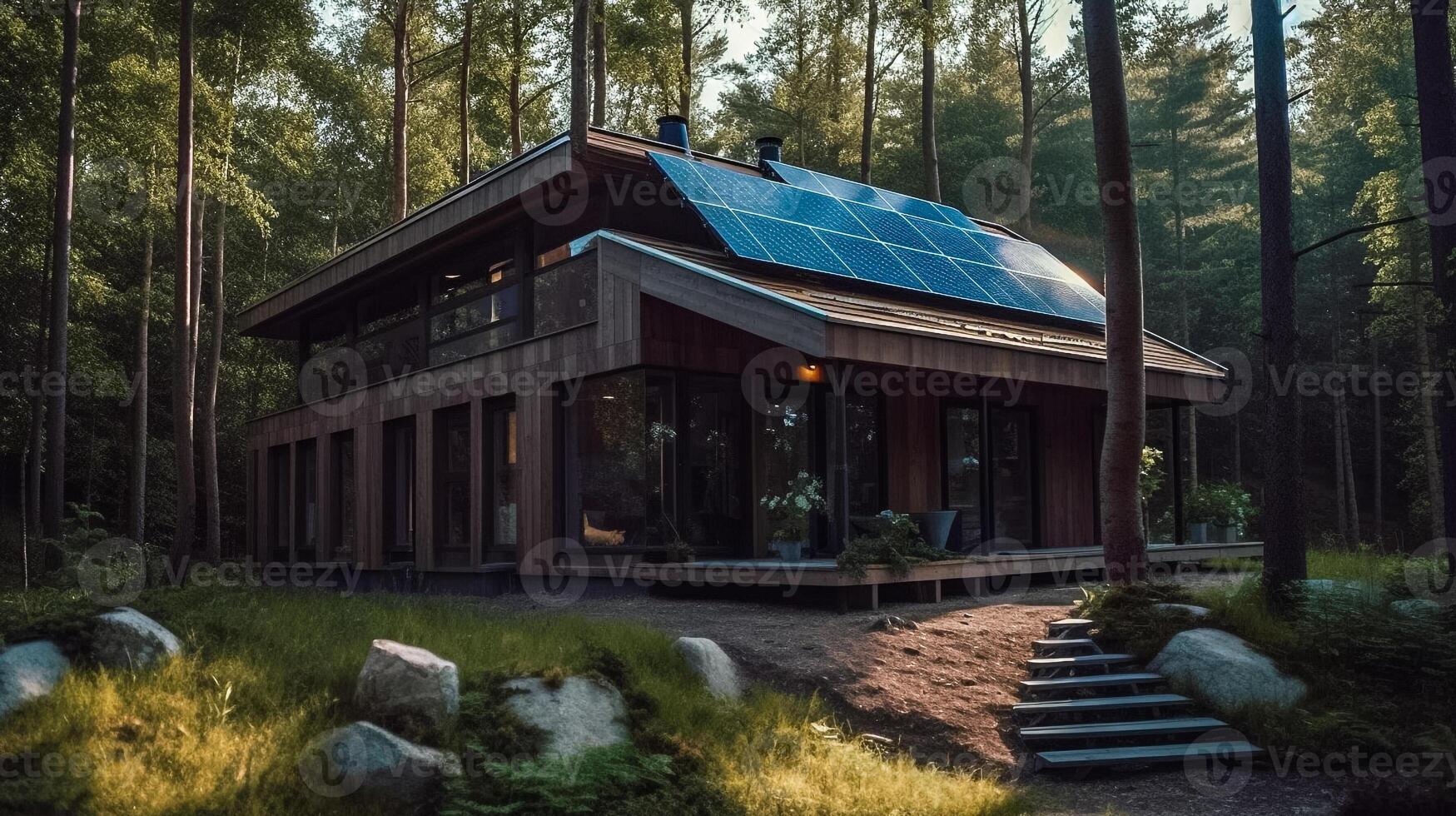 modern klein Haus mit Solar- Paneele im das Wald. ai generiert Illustration foto