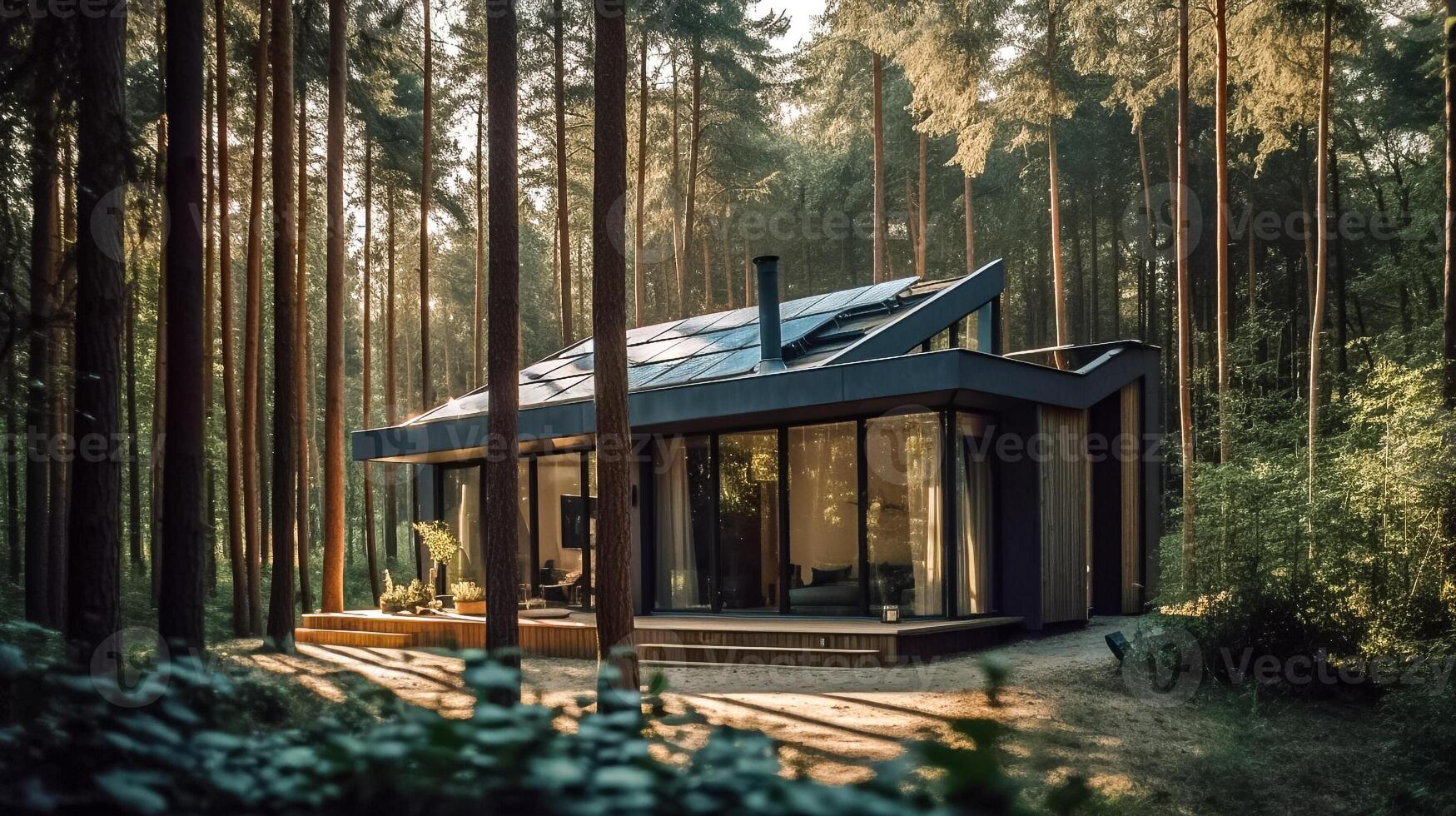 modern klein Haus mit Solar- Paneele im das Wald. ai generiert Illustration foto