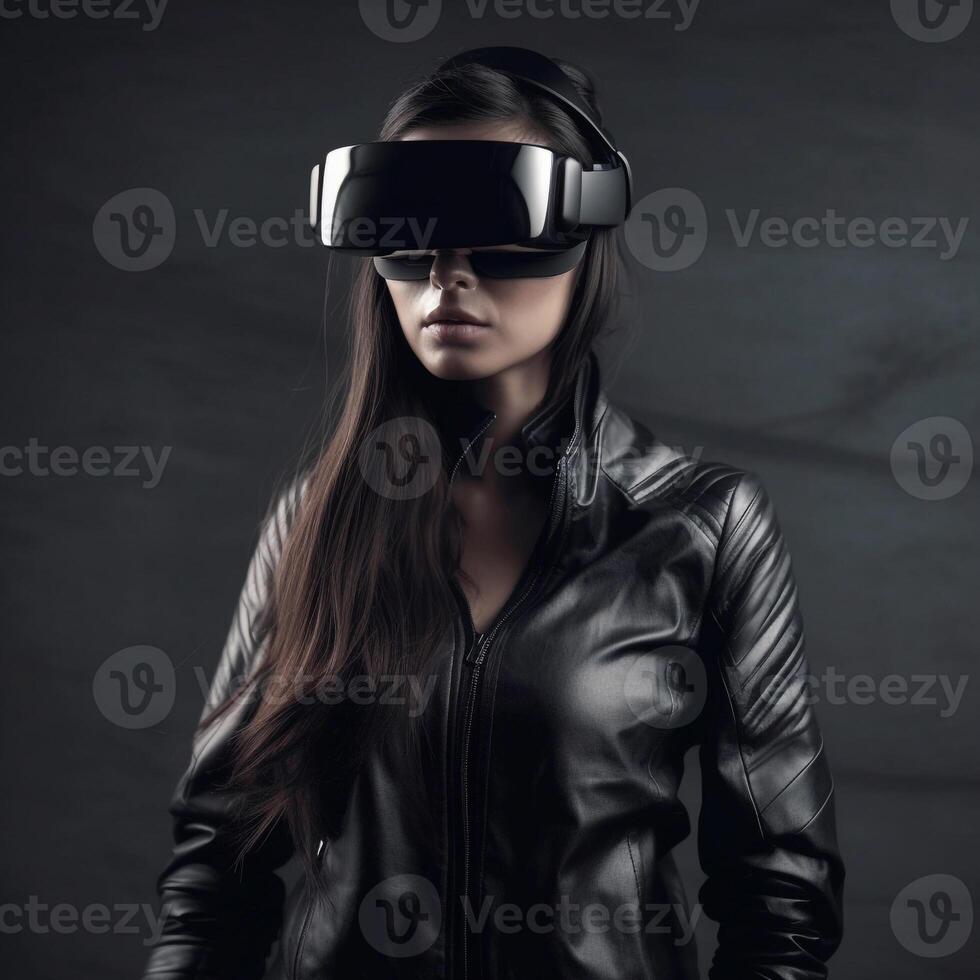 ein Frau tragen ein virtuell Wirklichkeit Headset. ai generiert Illustration. foto