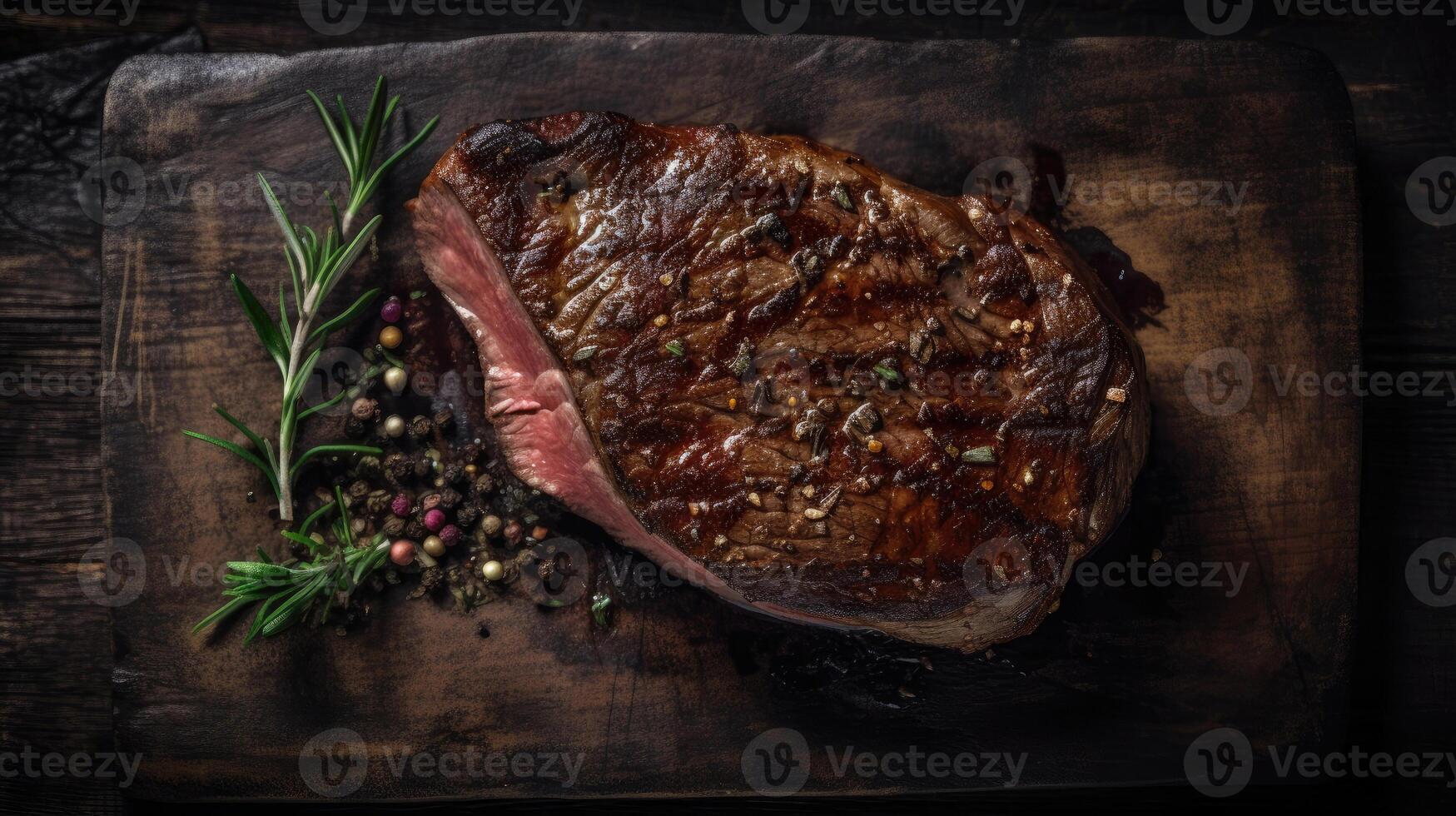 Steak auf ein dunkel hölzern Base mit Gewürze. ai generiert Illustration foto