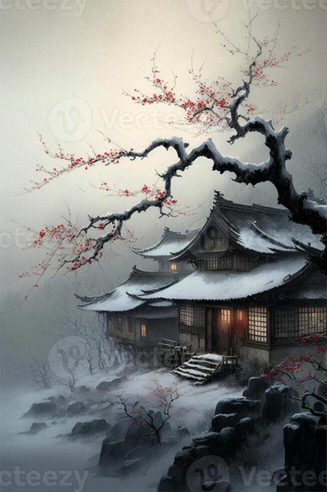 Gemälde von ein japanisch Haus im das Schnee. generativ ai. foto