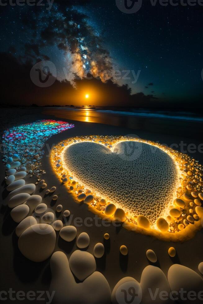 Herz gemacht aus von Felsen auf ein Strand beim Nacht. generativ ai. foto