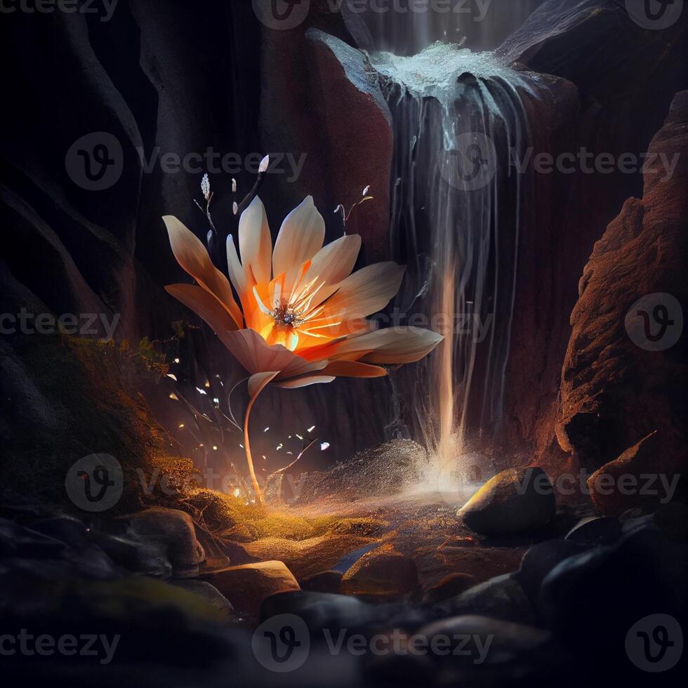 Gemälde von ein Blume im Vorderseite von ein Wasserfall. generativ ai. foto