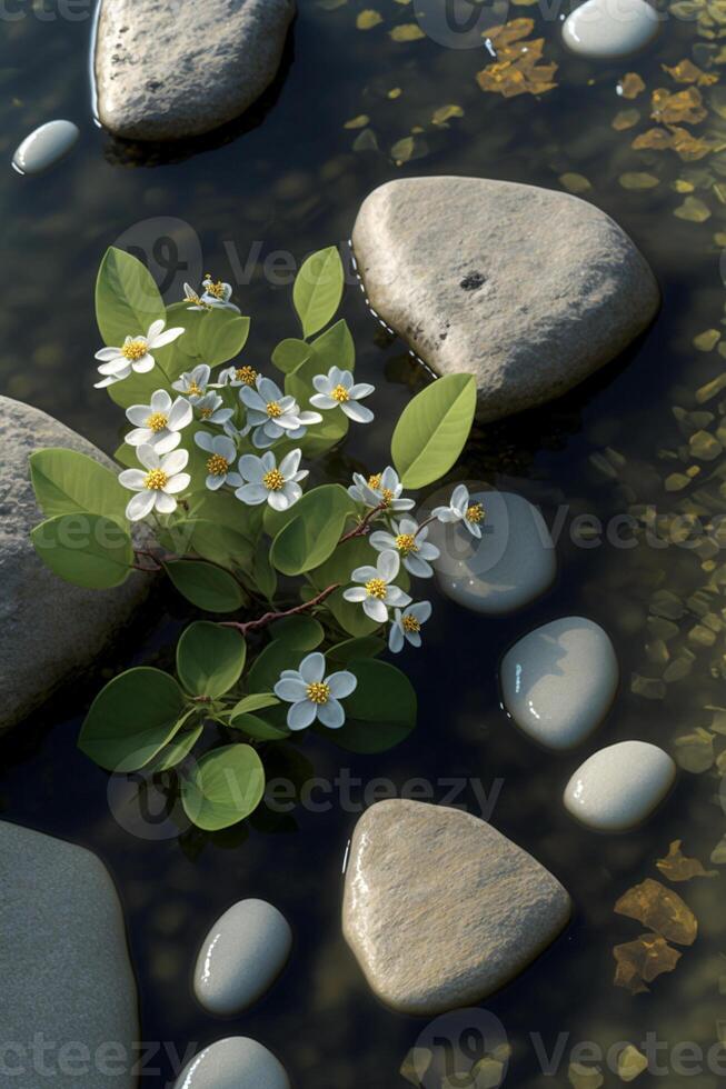 Bündel von Felsen Sitzung auf oben von ein Körper von Wasser. generativ ai. foto