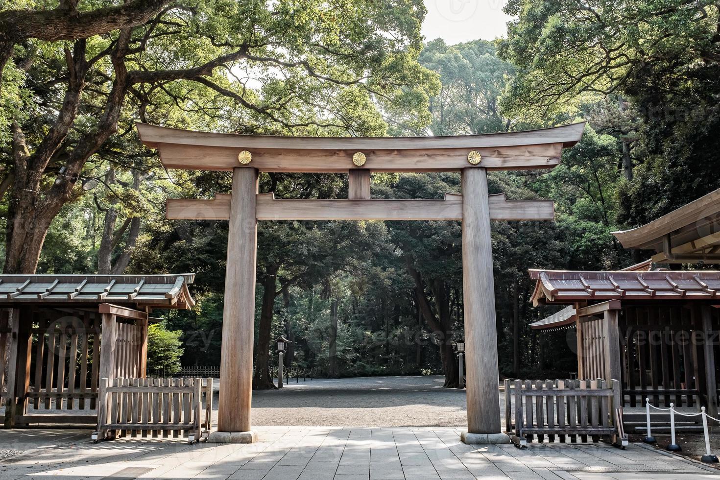 hölzernes Torii-Tor, das traditionelle japanische Tor am Shinto-Schrein, Meiji-Jingu in Tokio, Japan. foto