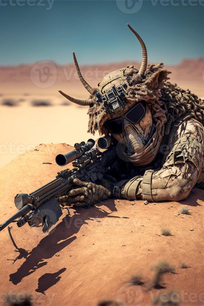 Soldat Verlegung auf das Boden mit ein Gewehr. generativ ai. foto