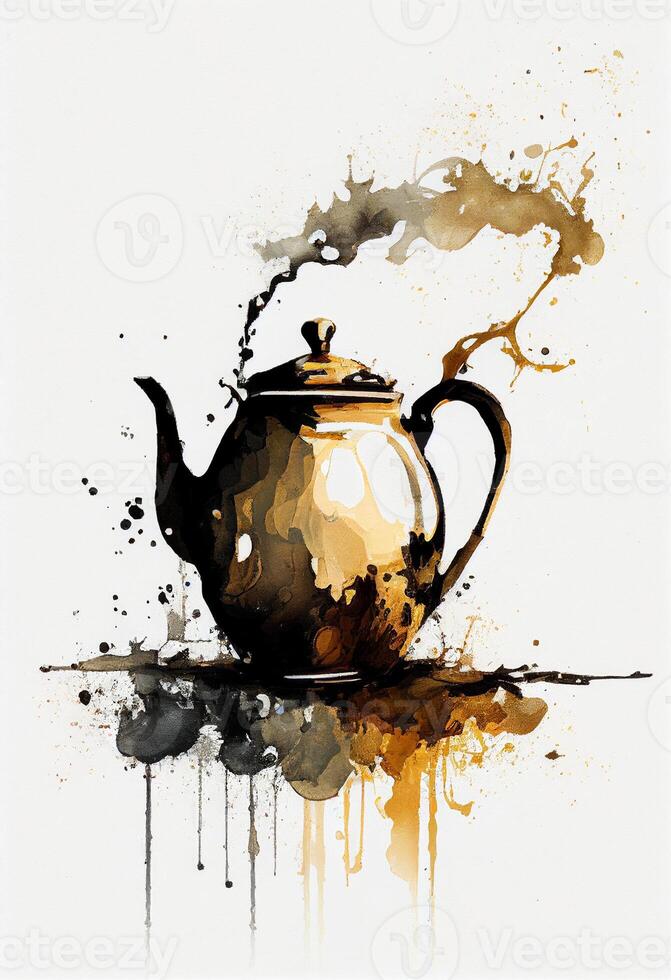 Dort ist ein Gemälde von Teekanne mit bespritzt flüssig. generativ ai. foto