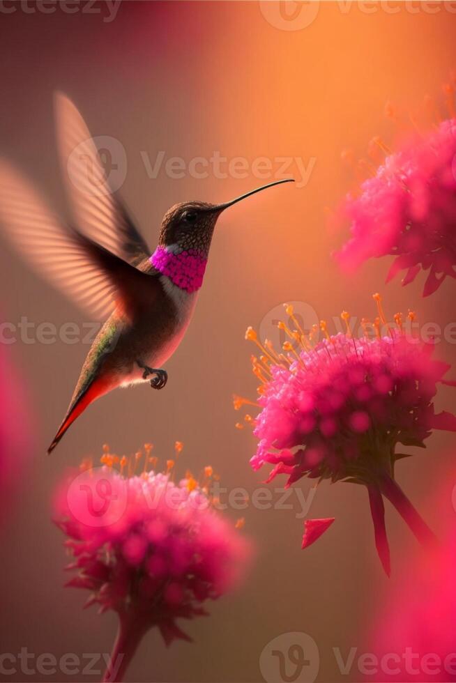 Kolibri fliegend schließen zu ein Rosa Blume. generativ ai. foto