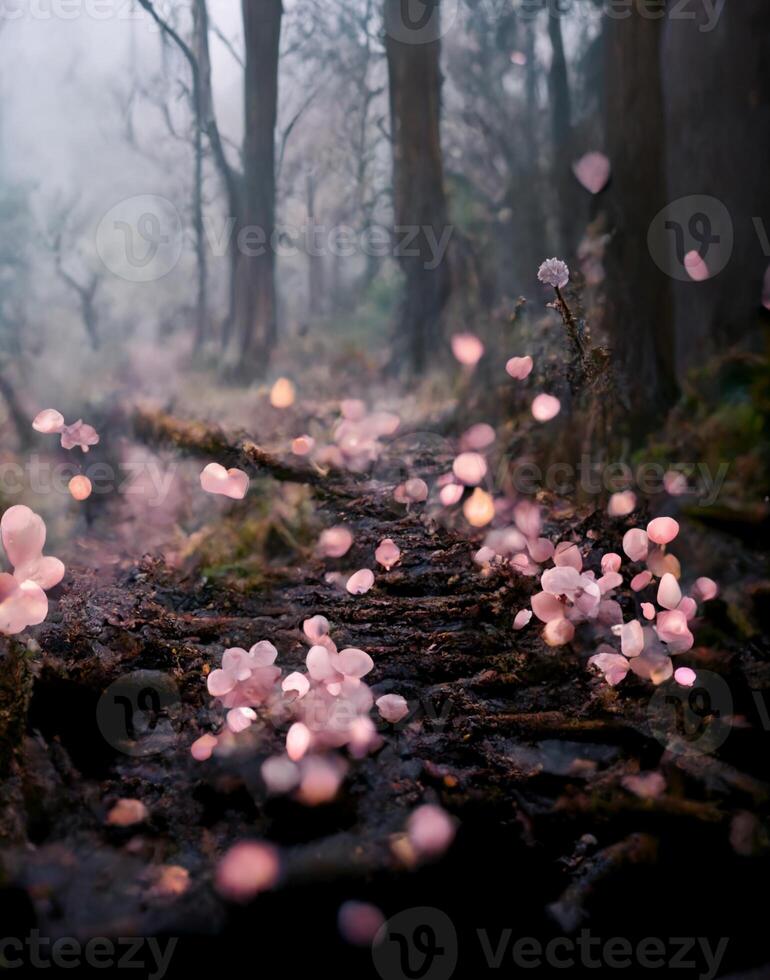 Wald gefüllt mit viele von Rosa Blumen. generativ ai. foto