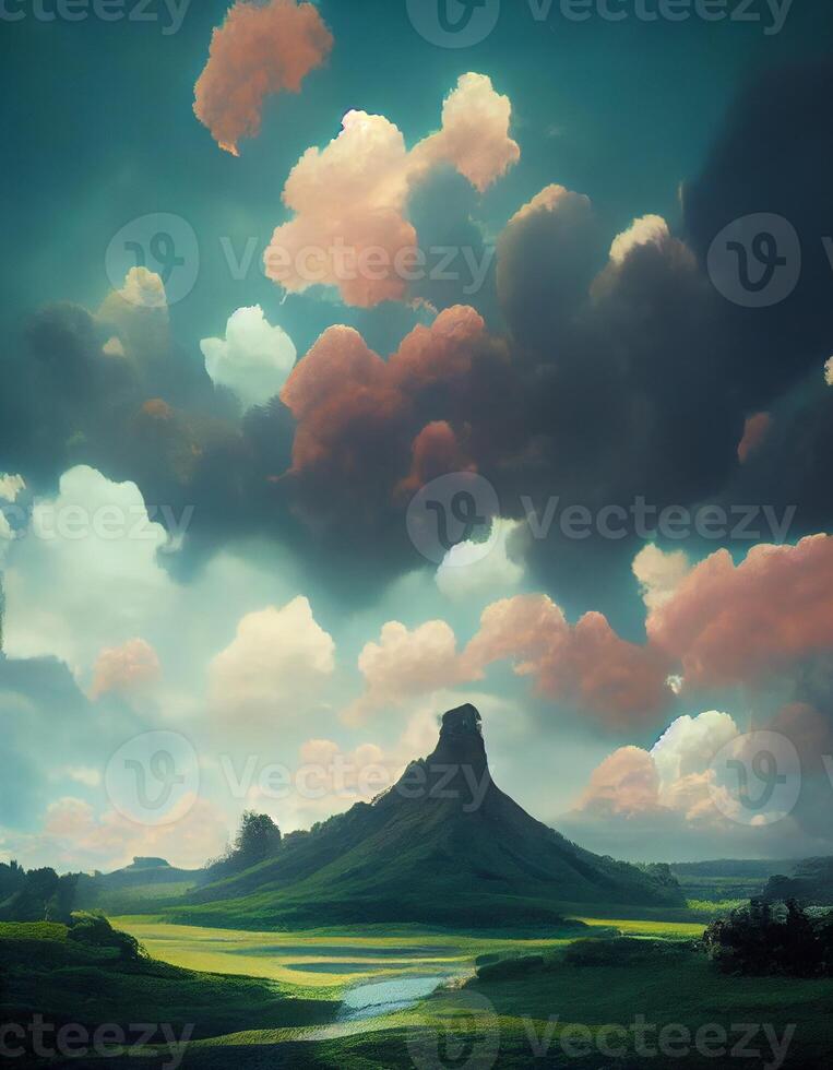 Gemälde von ein Berg mit Wolken im das Himmel. generativ ai. foto