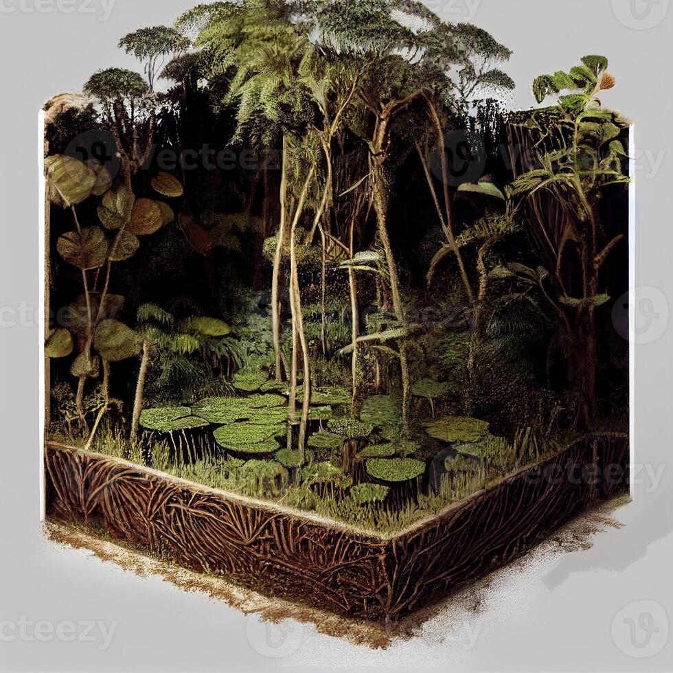 Modell- von ein tropisch Wald mit Wasser Lilien. generativ ai. foto