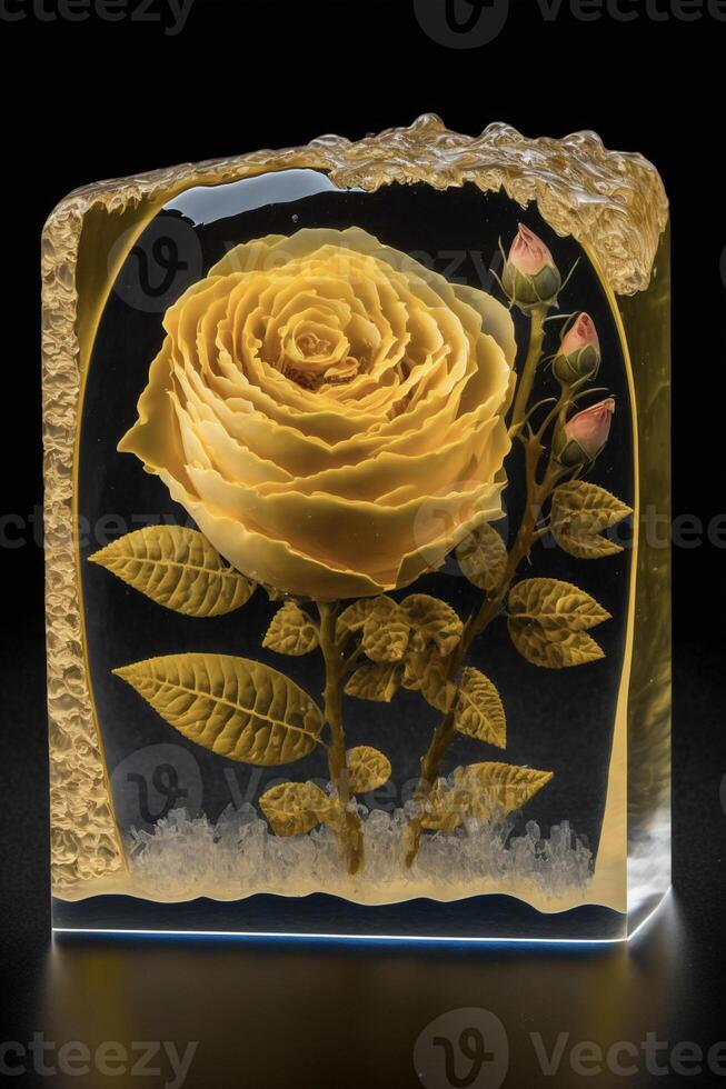 Gelb Rose Sitzung Innerhalb von ein Glas Block. generativ ai. foto