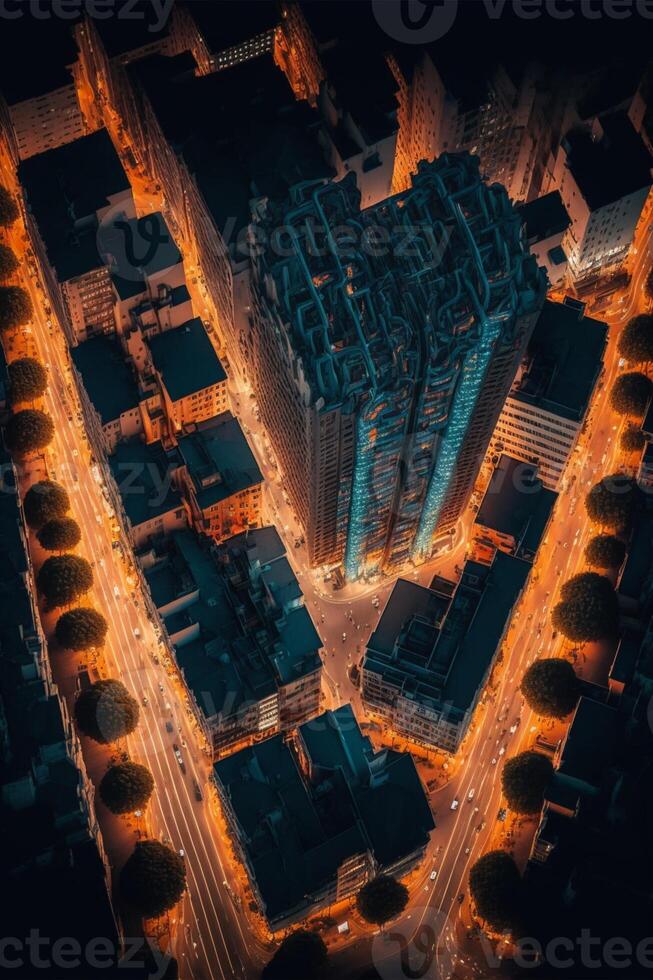 ein Antenne Aussicht von ein Stadt beim Nacht. generativ ai. foto