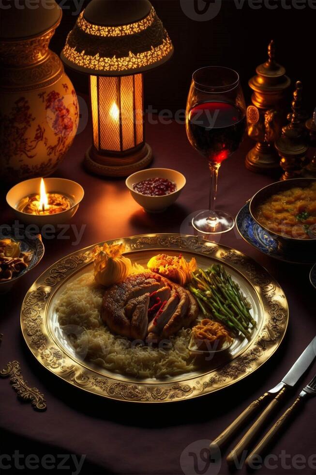 schließen oben von ein Teller von Essen auf ein Tisch. generativ ai. foto