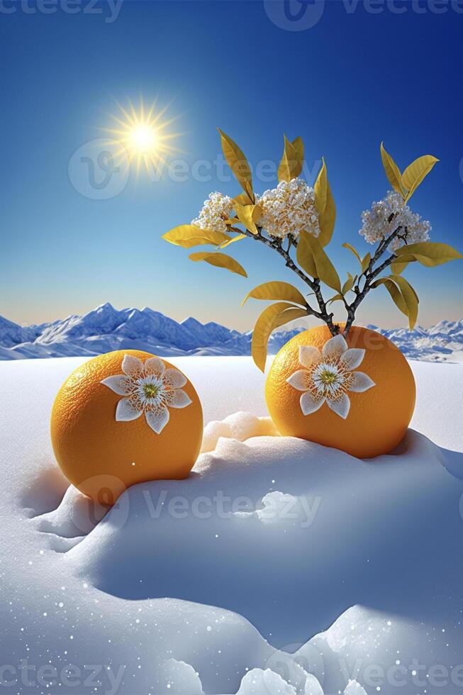 zwei Orangen Das sind Sitzung im das Schnee. generativ ai. foto