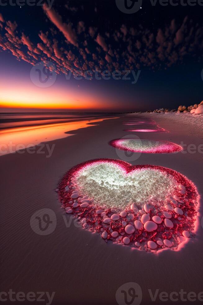 Paar von Herzen Sitzung auf oben von ein sandig Strand. generativ ai. foto