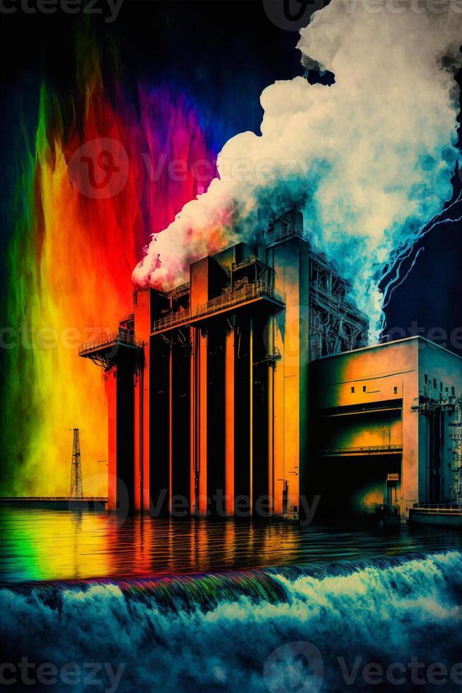 Dort ist ein Regenbogen farbig Bild von Fabrik mit Brunnen. generativ ai. foto