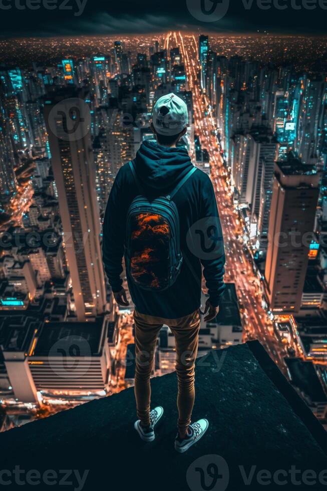 Mann mit ein Rucksack Stehen auf oben von ein Gebäude. generativ ai. foto