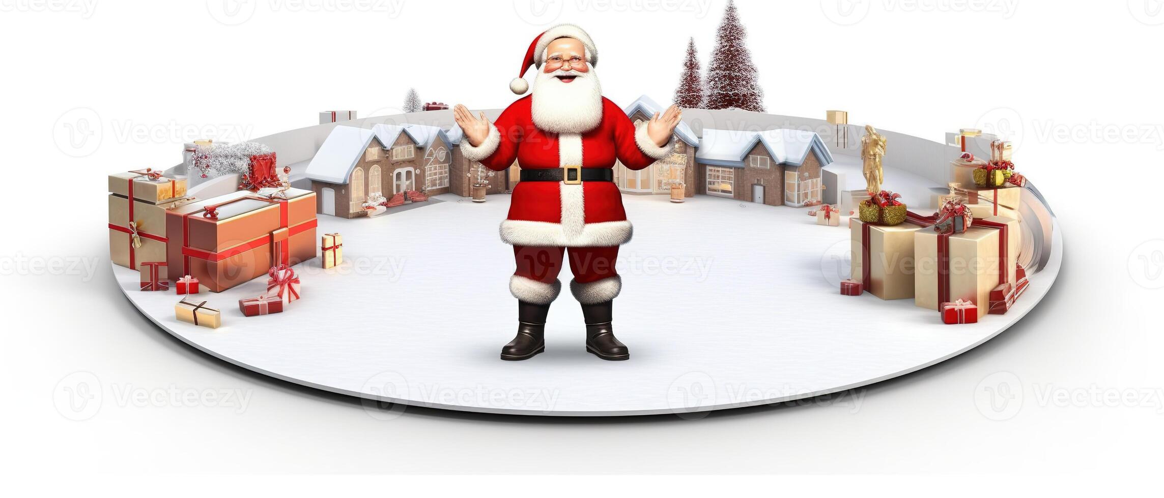 Weihnachten und Neu Jahr Hintergrund. Stapel Geschenk Box realistisch 3d Santa Klaus. ai generiert. foto