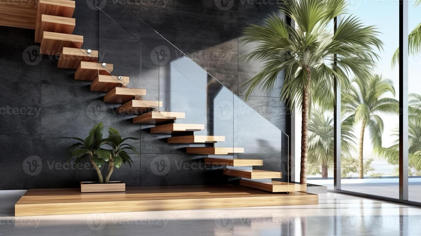 Innere von modern Treppe Design, elegant l gestalten Holz Ausleger Stufen, Granit Base. ai generiert. foto