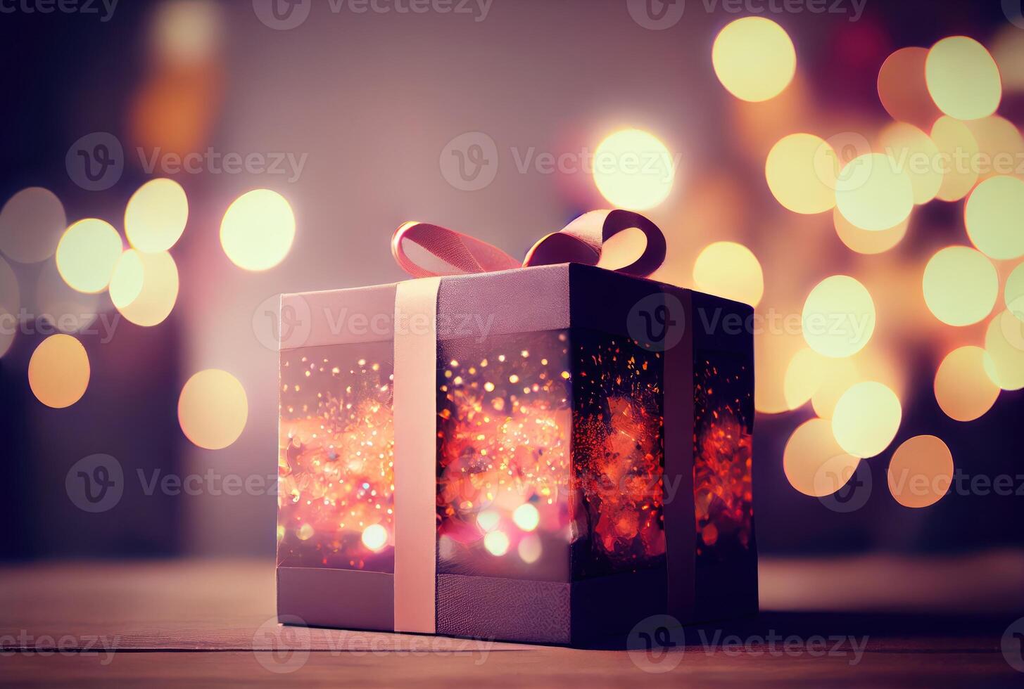 feiern Geschenk Box auf das Tabelle mit defokussiert Bokeh Licht Hintergrund. Neu Jahr Veranstaltung und Weihnachten Feier Konzept. generativ ai foto