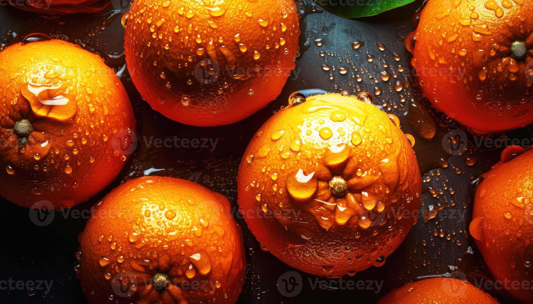 schließen oben von sauber Orangen mit Wasser fallen im dunkel schwarz Hintergrund. frisch Obst und Gemüse Konzept. Ernährung und Vitamin Thema. generativ ai foto