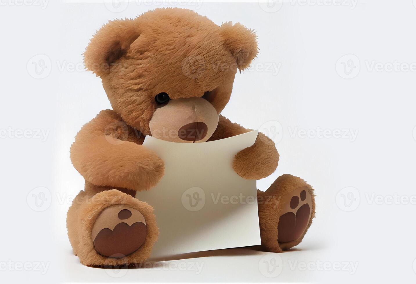 süß braun Teddy Bär mit ein Blatt von Papier. ai generiert foto