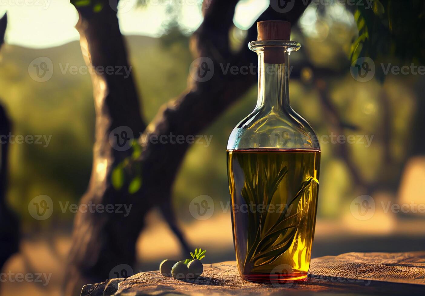 Olive Öl im ein Glas Flasche. ai generiert foto