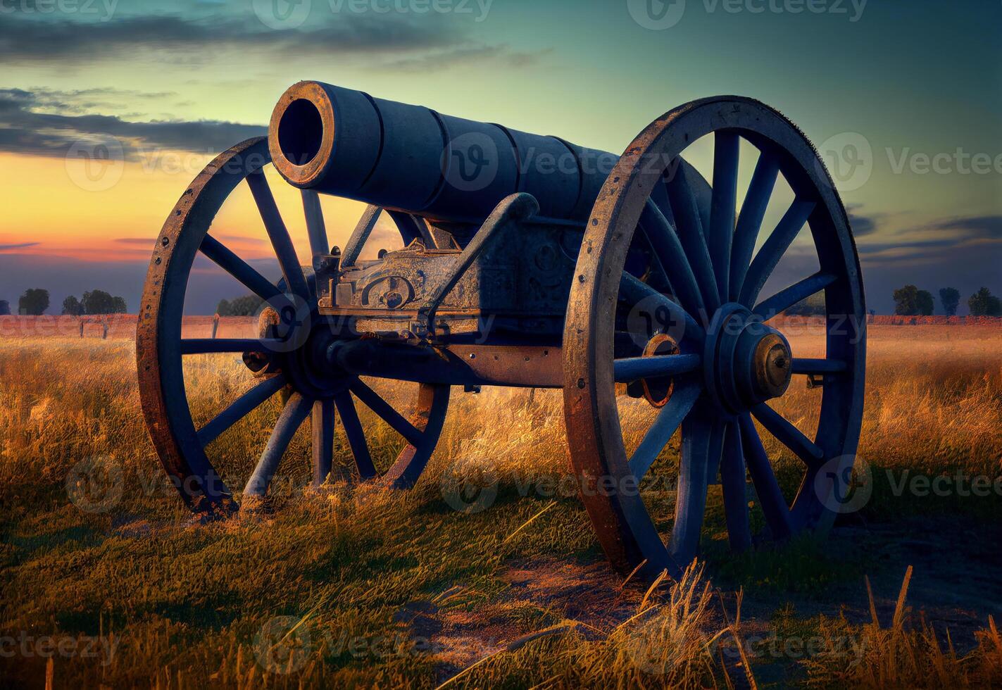 ein alt Kanone von das 19 .. Jahrhundert steht im ein Feld. ai generiert foto