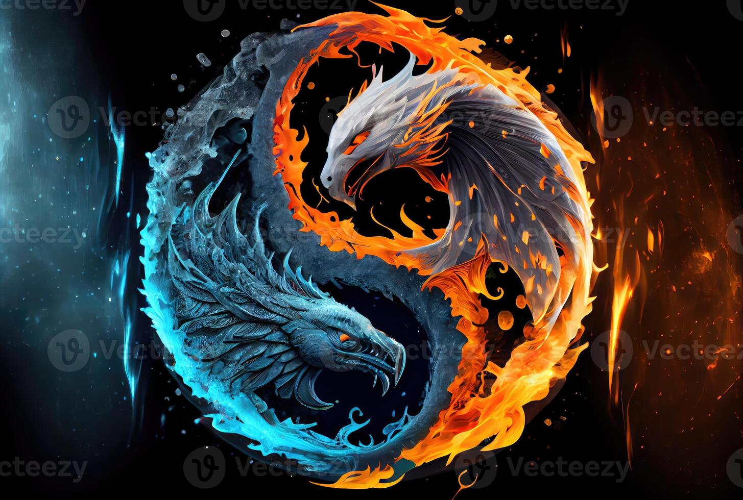 Feuer Phönix und Eis Drachen im das Yin und Yang auf dunkel Hintergrund. abstrakt und Kontrast Symbol Konzept. generativ ai foto