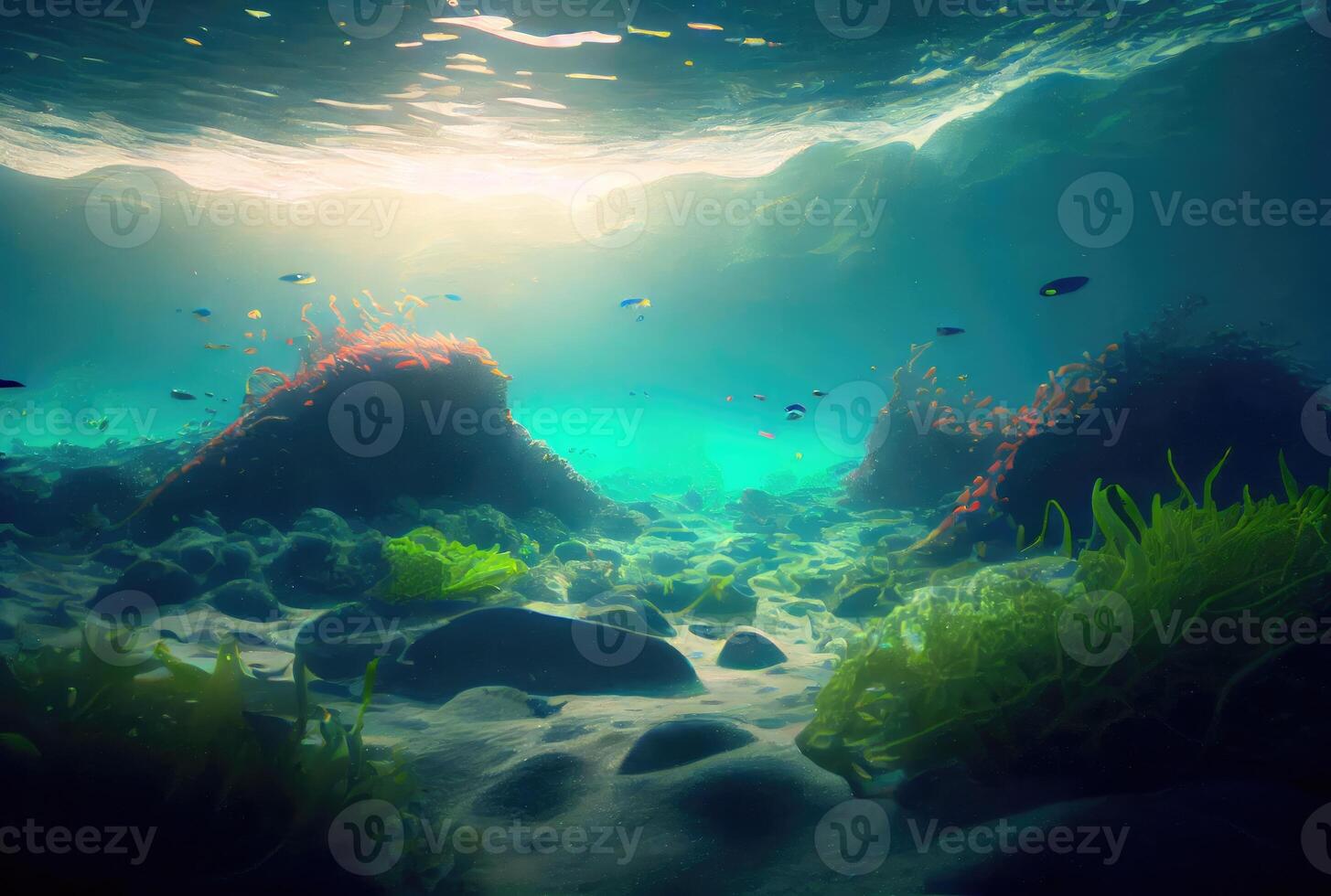 tief Meer und Wasser- Leben mit Sonnenschein Hintergrund. Digital Kunst Illustration. Marine Leben und unterseeisch Konzept. generativ ai foto