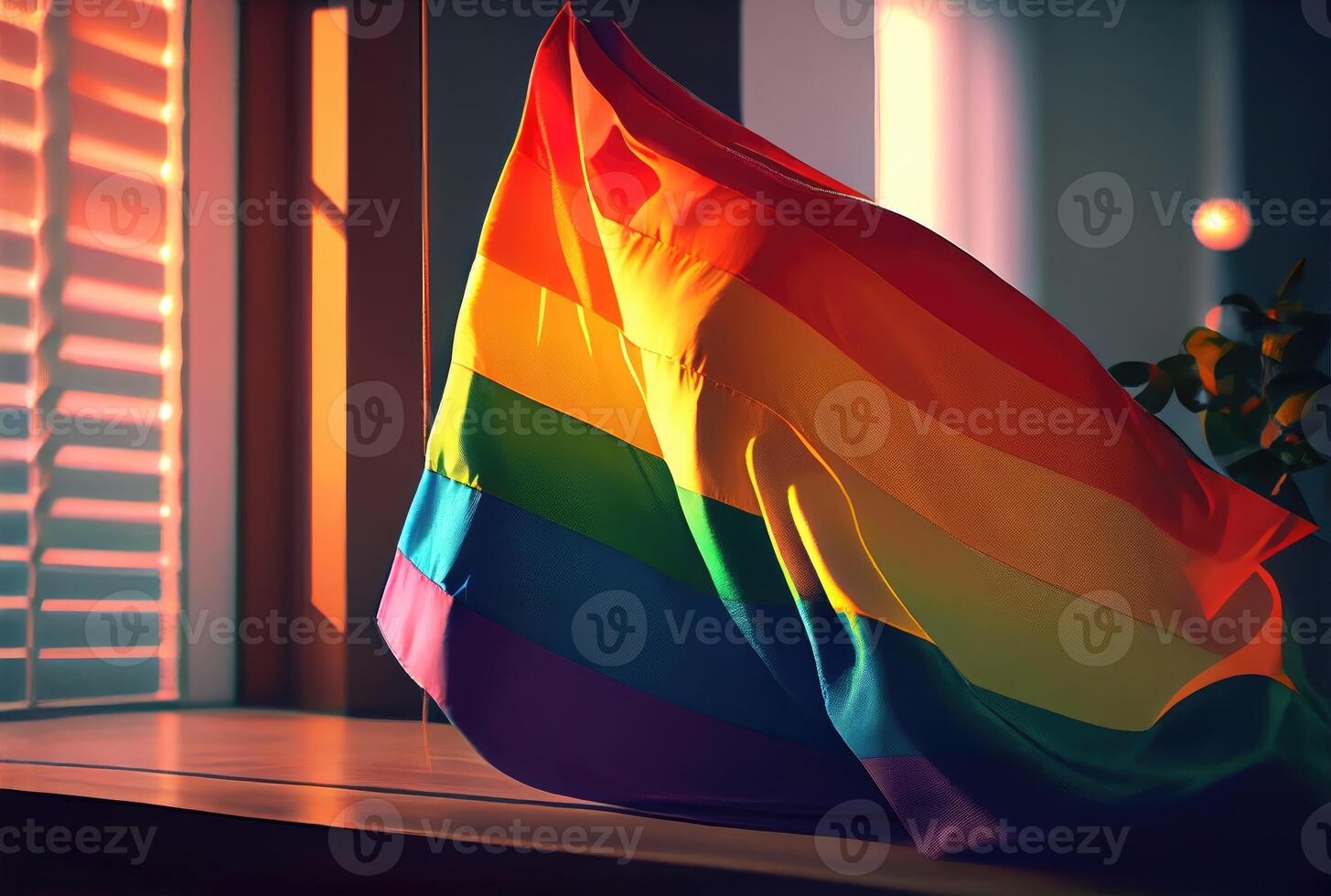 Regenbogen Flagge oder Stolz Flagge auf das Schreibtisch im das Haus in der Nähe von Fenster mit Sonnenschein Hintergrund. lgbt und homosexuell Konzept. generativ ai foto