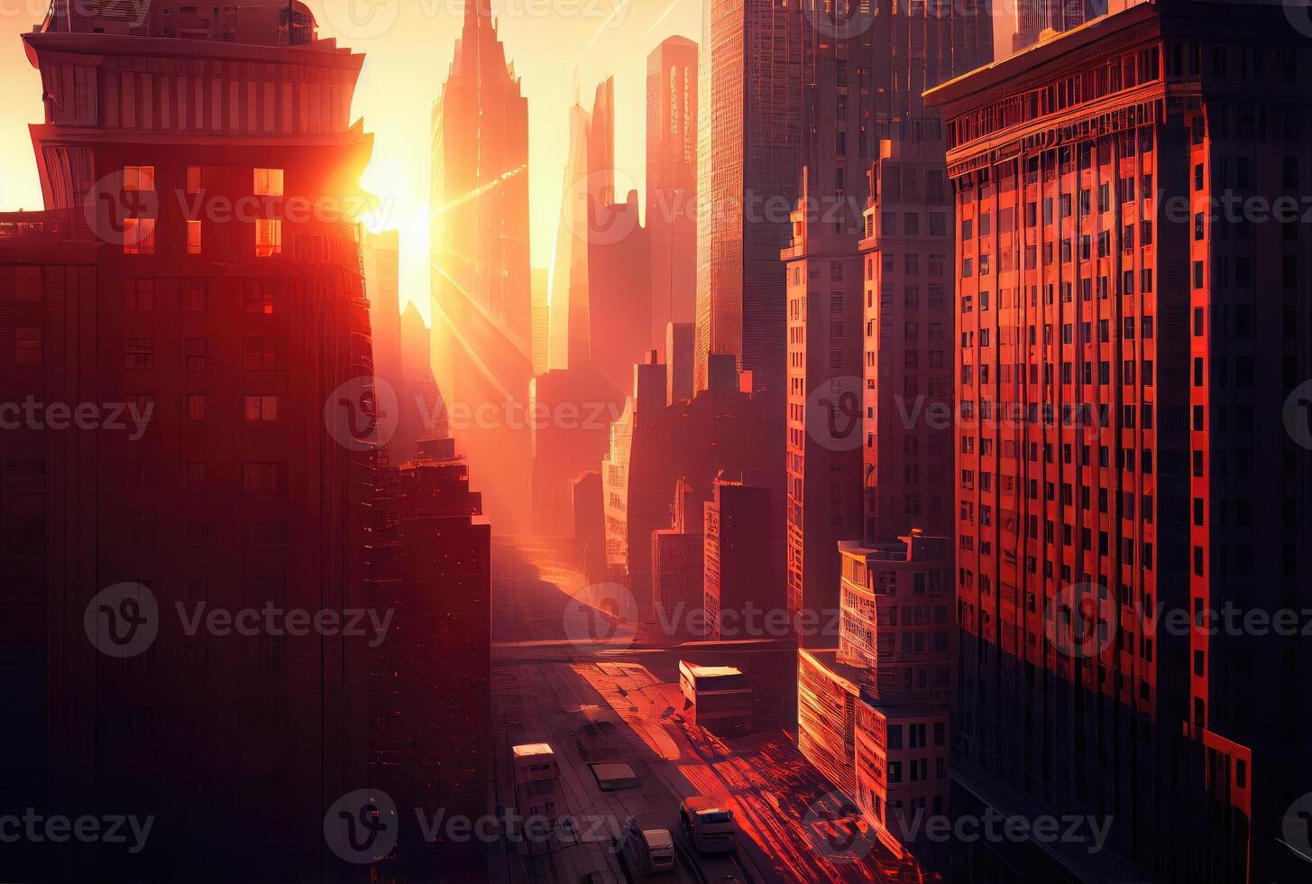 schön Stadtbild Aussicht mit Sonnenlicht im das Sonnenuntergang Hintergrund. Innenstadt und Tourismus Konzept. generativ ai foto