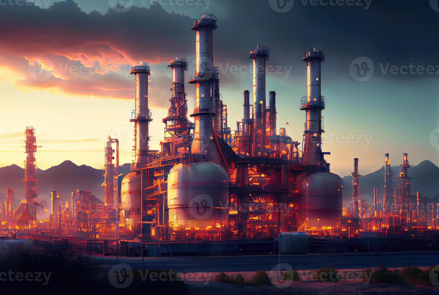 Öl Raffinerie industriell Pflanze mit Natur und Himmel Hintergrund. Geschäft und Industrie Konzept. Digital Kunst Illustration. generativ ai foto