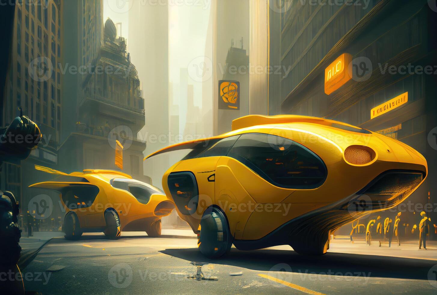 futuristisch Gelb Taxi unter groß Städte und Wolkenkratzer. Transport und Innovation Technologie Konzept. generativ ai foto