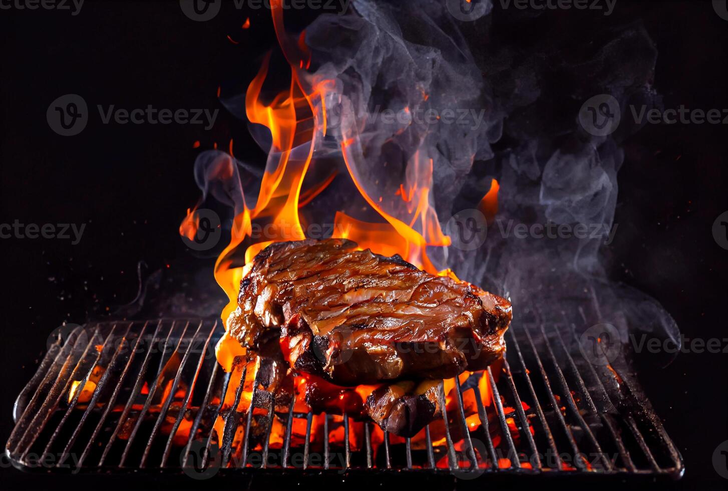 T-Bone Steak oder Porterhouse auf Grill mit lodernd Feuer Flamme. Essen und Küche Konzept. generativ ai foto