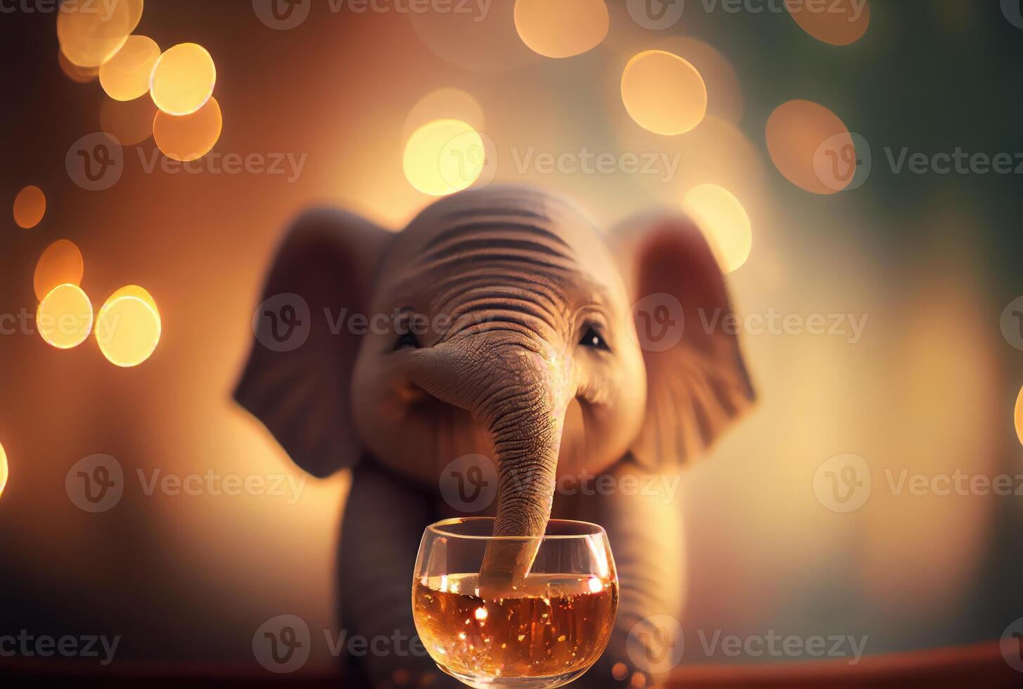 glücklich Baby Elefant halten getoastet Wein Glas im Party und golden Bokeh Licht Hintergrund. Tier und Tierwelt Konzept. Digital Kunst Illustration. generativ ai foto