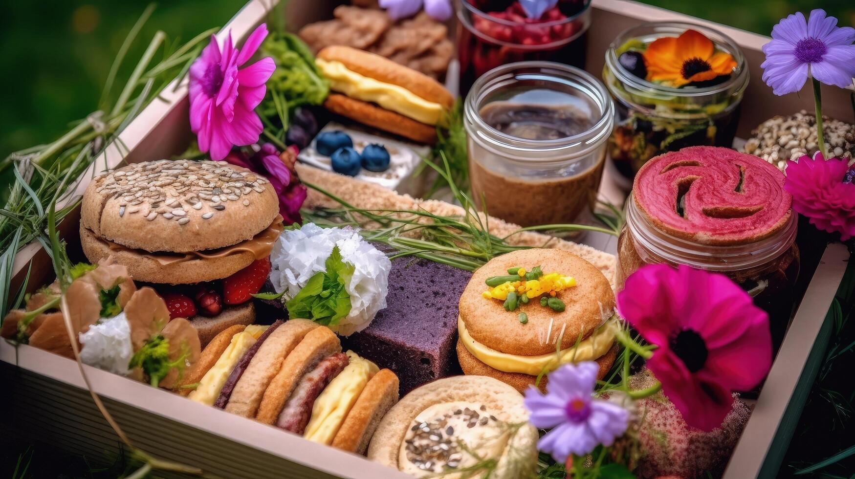 vegan Brunch oder Picknick-Box Illustration ai generativ foto