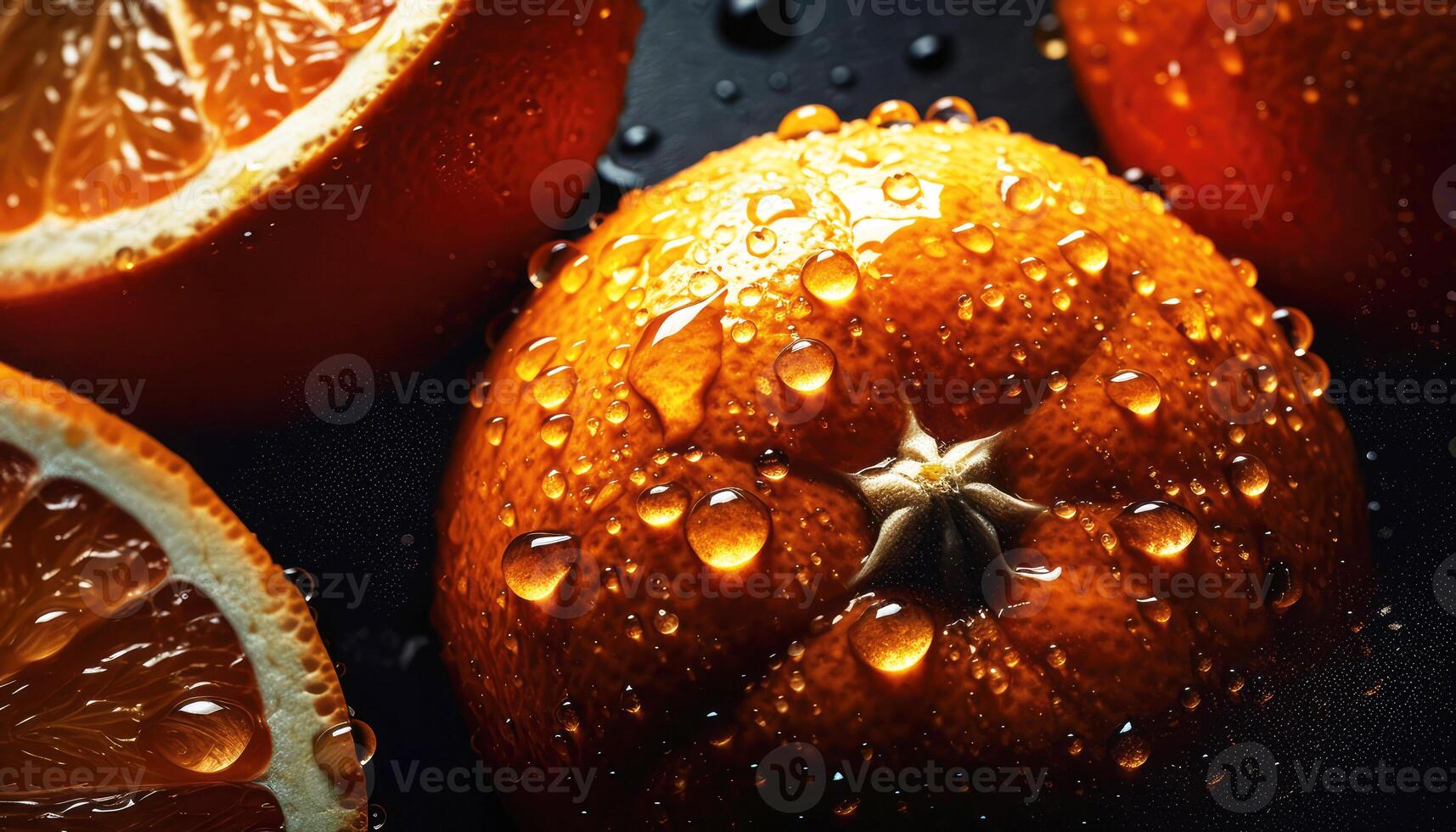 schließen oben von sauber Orangen mit Wasser fallen im dunkel schwarz Hintergrund. frisch Obst und Gemüse Konzept. Ernährung und Vitamin Thema. generativ ai foto