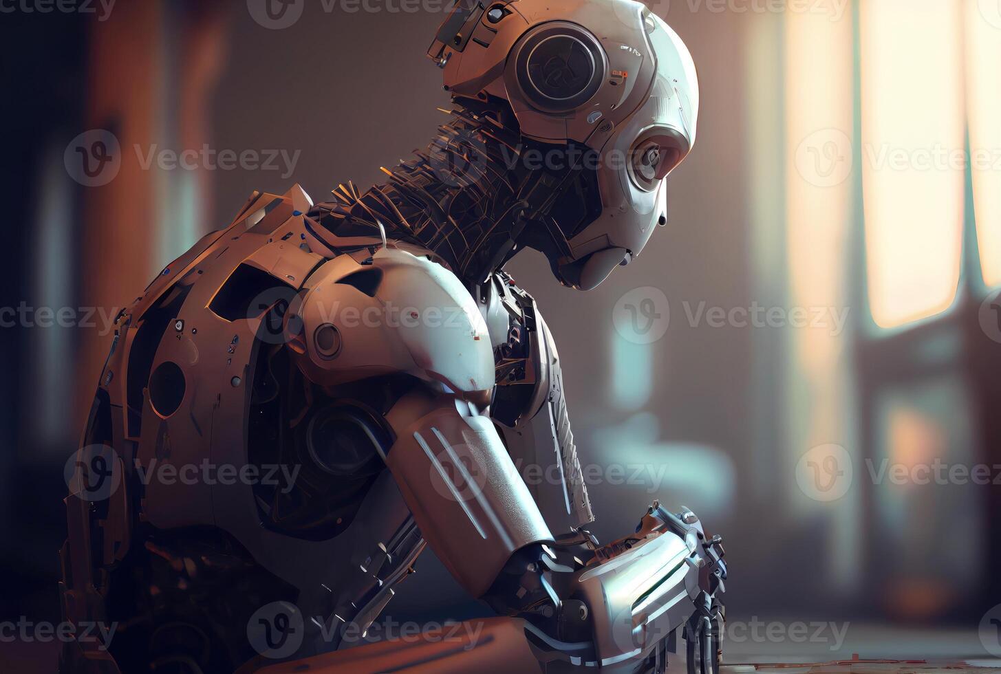 ein Humanoid Roboter sitzt Nachdenken auf das Seite von ein Stadt Straße. Technologie und künstlich Intelligenz Konzept. generativ ai foto
