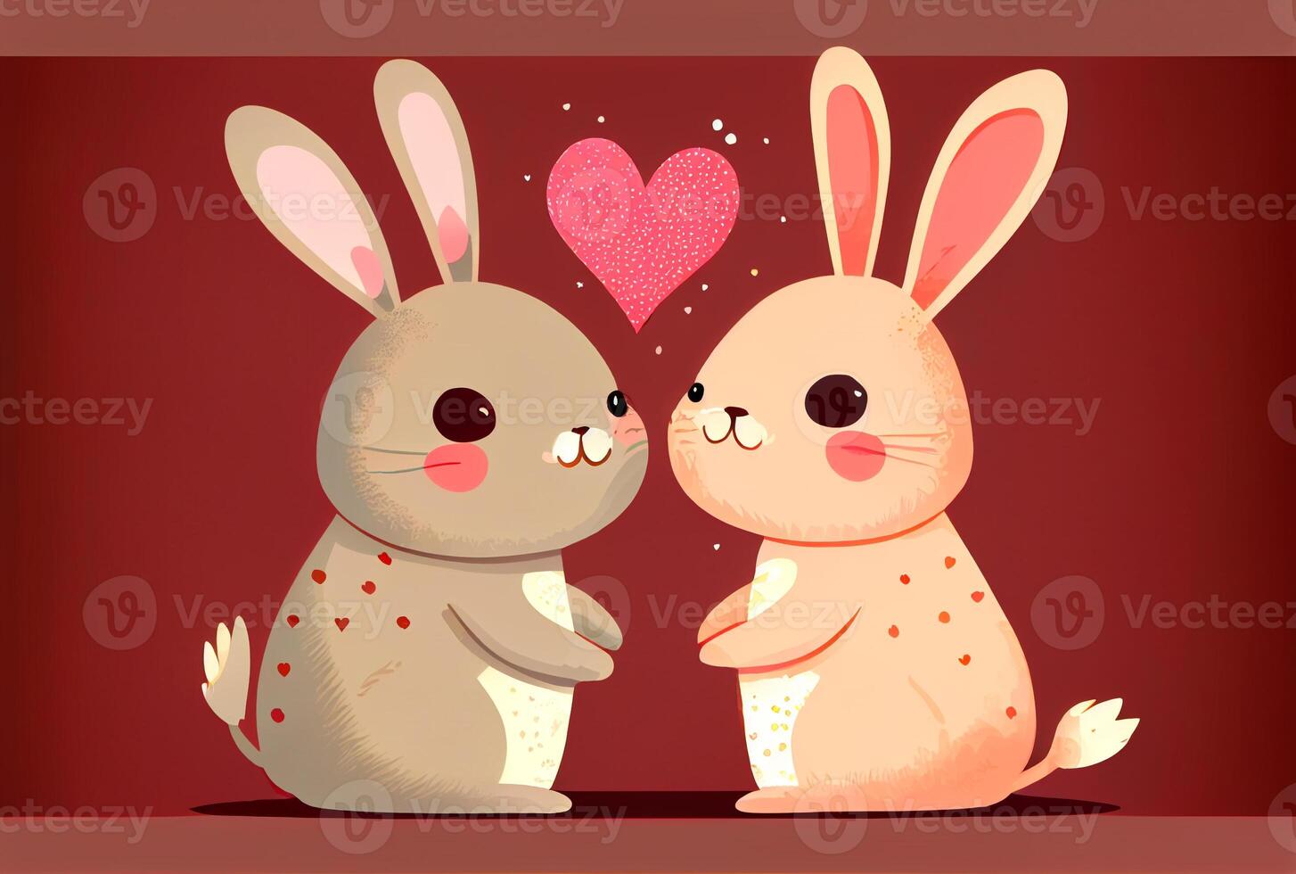 süß Karikatur Hase Paar halten Hände mit Rosa Herz auf rot Hintergrund im Valentinsgrüße Tag Konzept. generativ ai foto