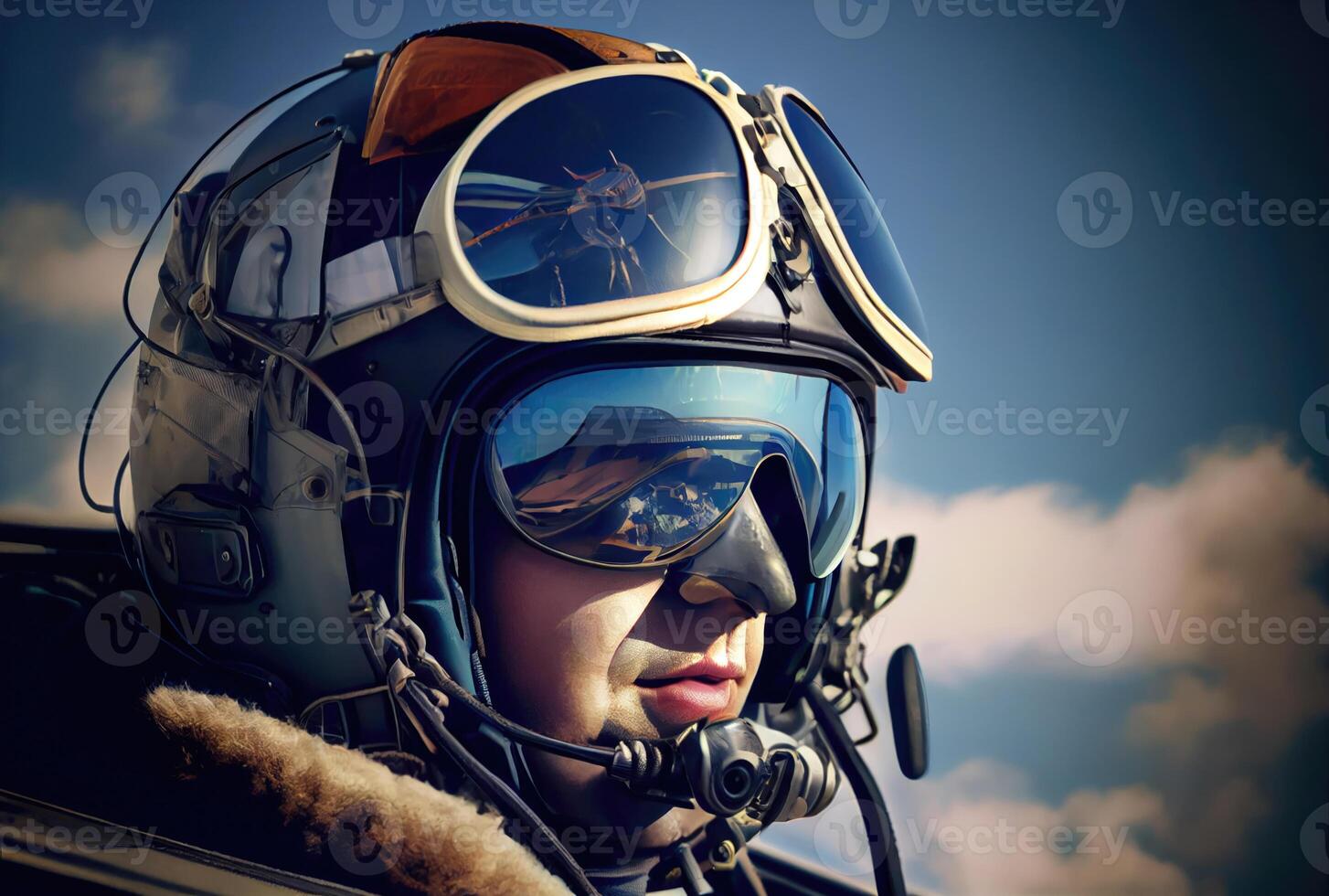 Kopf Schuss von Kämpfer Pilot fliegend auf das hoch Himmel im das Luftraum zum National Verteidigung oder Welt Krieg. Porträt von Soldat. generativ ai foto