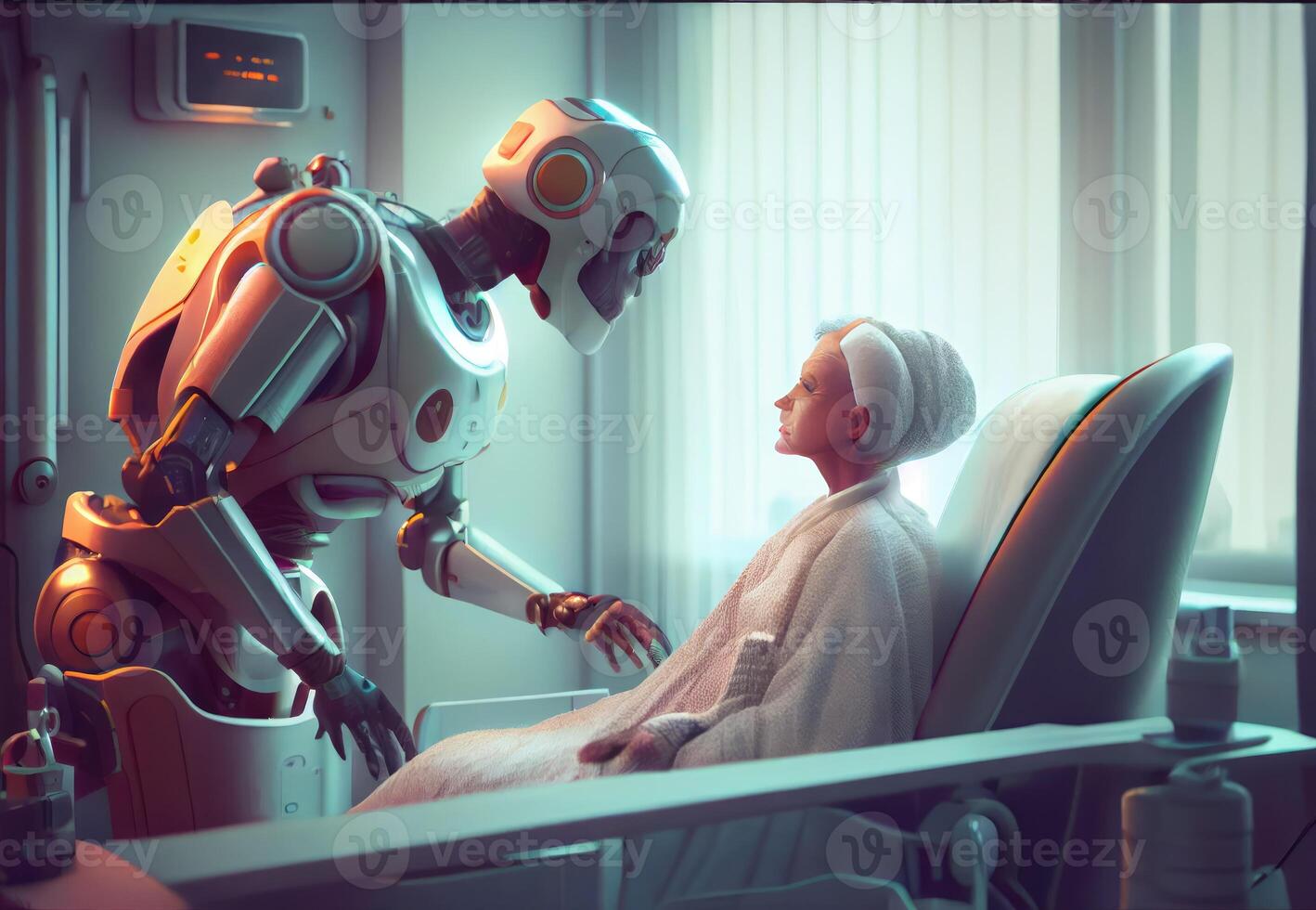 Pflege- Pflege Roboter nehmen Pflege von Alten Patienten im Krankenhäuser. medizinisch Technologie und Gesundheitswesen Konzept. generativ ai foto